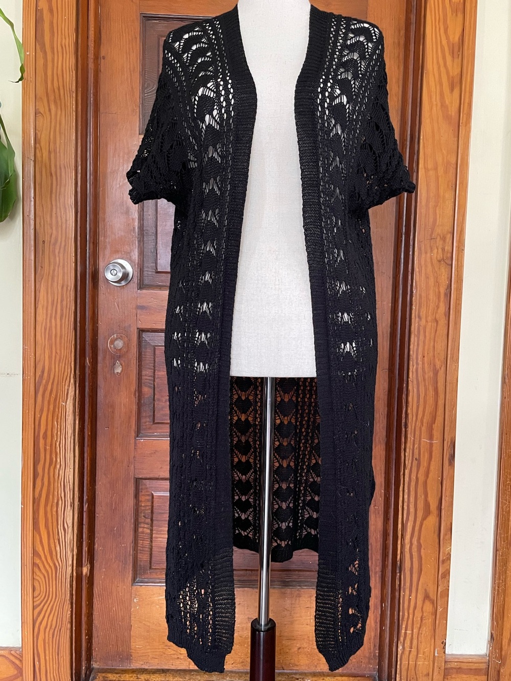 Black Open-Knit Long Cardigan Sweater